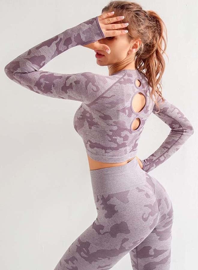 QiaoKai 2-Piece Camouflage Pattern Top And Leggings Set Purple  - Image 4