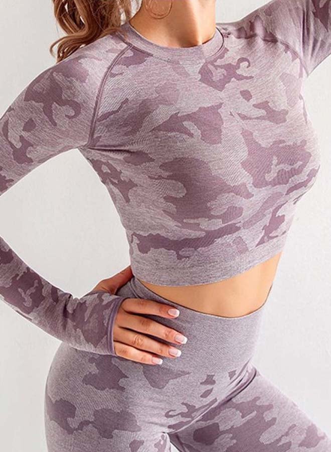 QiaoKai 2-Piece Camouflage Pattern Top And Leggings Set Purple  - Image 3