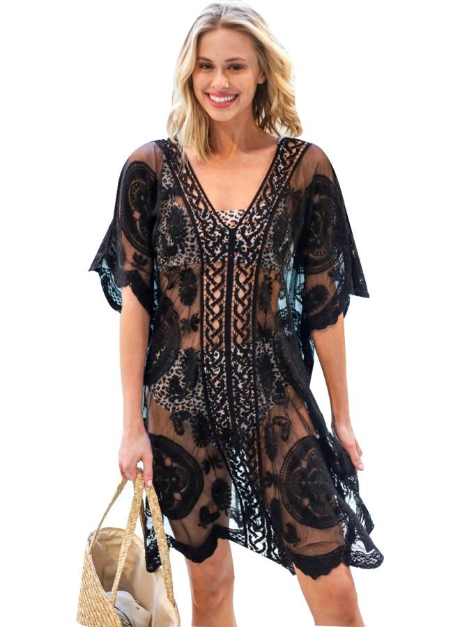 QiaoKai Lace Floral Embroidered Bikini Cover Up Black  - Image 1