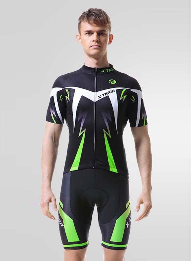 QiaoKai 2-Piece Printed High Neck Cycling Suit Set Black/Green/White  - Image 1