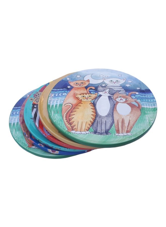 Alwan 6-Piece Cats And Birds Printed Coaster Set Red/Green/Beige 9cm - Image 1
