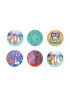 Alwan 6-Piece Cats And Birds Printed Coaster Set Red/Green/Beige 9cm  - Image 2