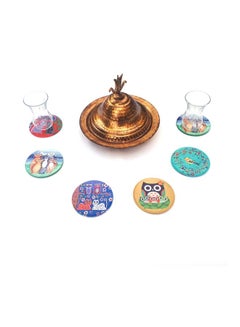 Alwan 6-Piece Cats And Birds Printed Coaster Set Red/Green/Beige 9cm  - Image 3