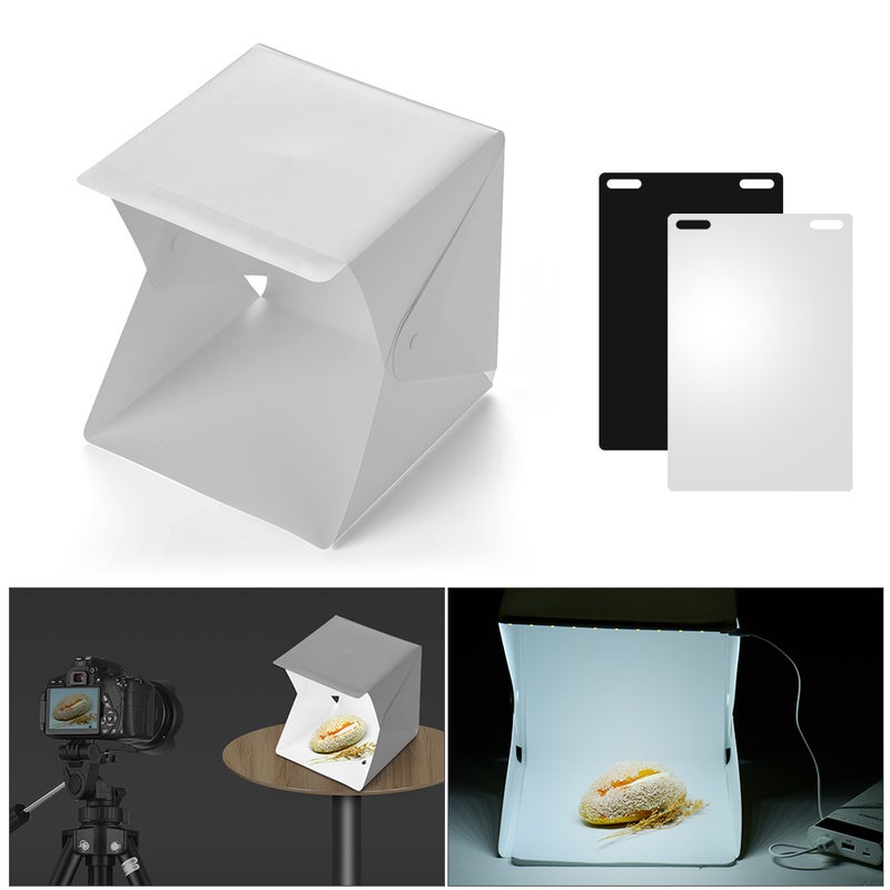Portable DIY LED Studio Light Box 6000K Mini Foldable Photography Tent with Black White Backgrounds USB Power Supply for Jewellery Watch Small Products Still Life Photography White  - Image 5