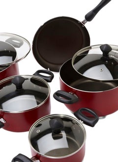 Prestige 14-Piece Classique Non Stick Shatterproof Toughened Glass With Reinforced Metal Cookware Set With Cutting Board And Tool Set Includes 1xCasserole With Lid 20cm, 1xCasserole With Lid 24 cm, 1xCasserole With Lid 26 cm, 1xCasserole With Lid 28 cm, 1xFrying Pan 24 cm, 1xSpatula, 1xCutting Board And 3 kitchen Knife Tools Red  - Image 2