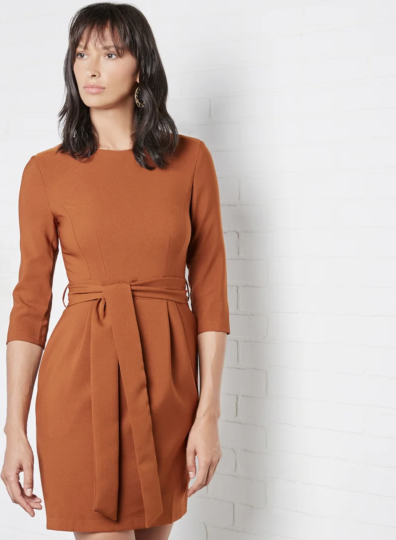 trendyol Solid Belted Dress Brown