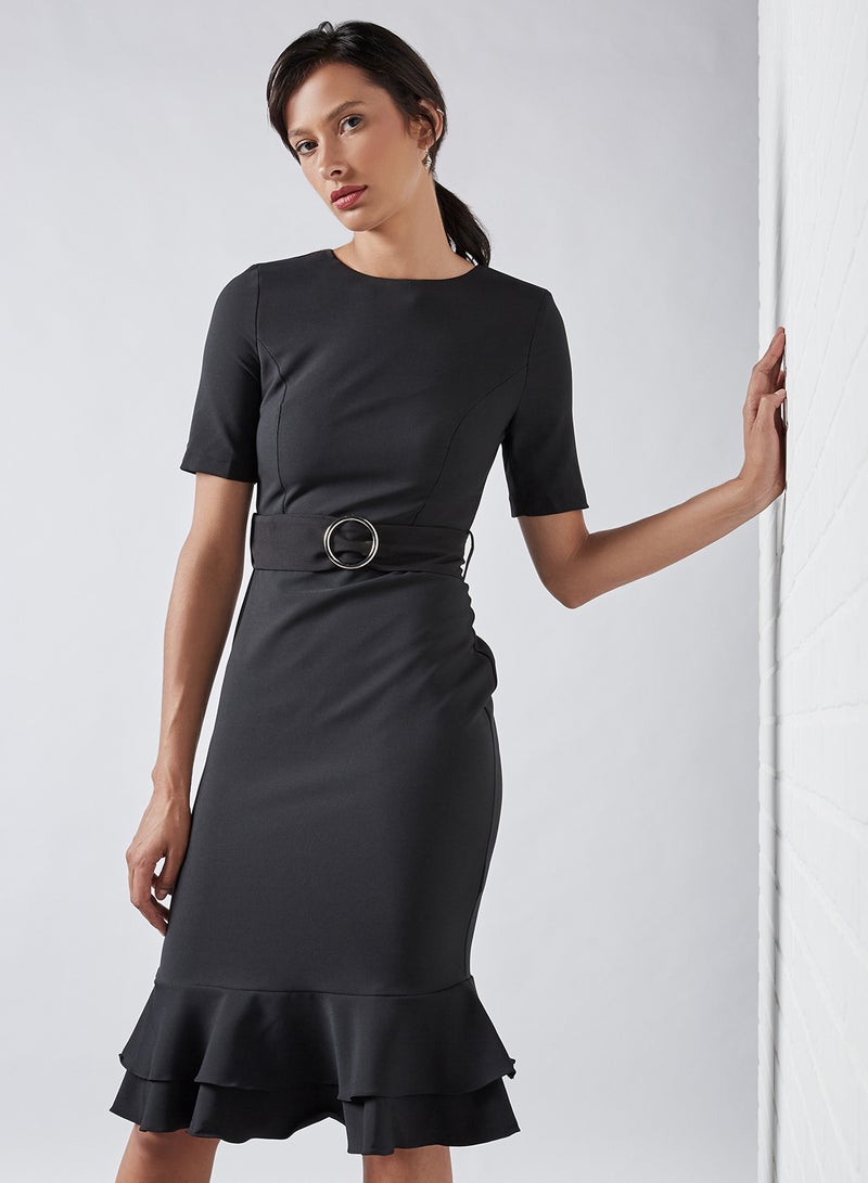 trendyol Solid Pattern Ruffled Hem Midi Dress Black  - Image 1