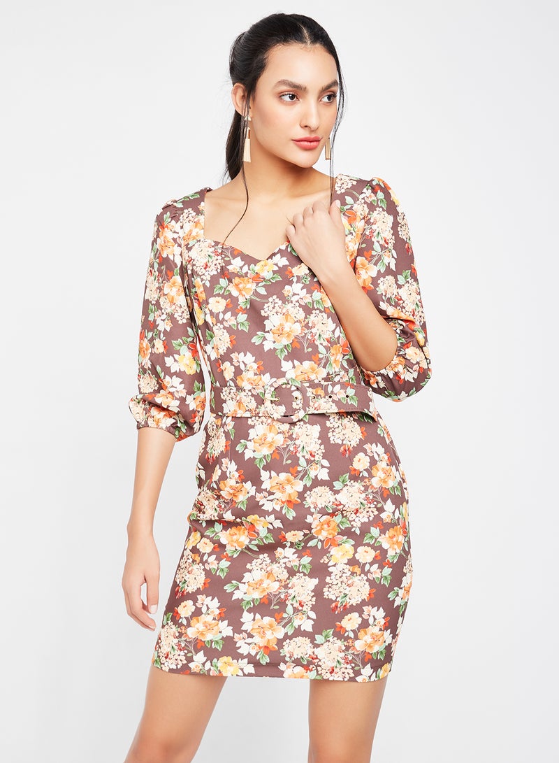 trendyol Floral Pattern Belted Mini Dress Multicolour  - Image 1