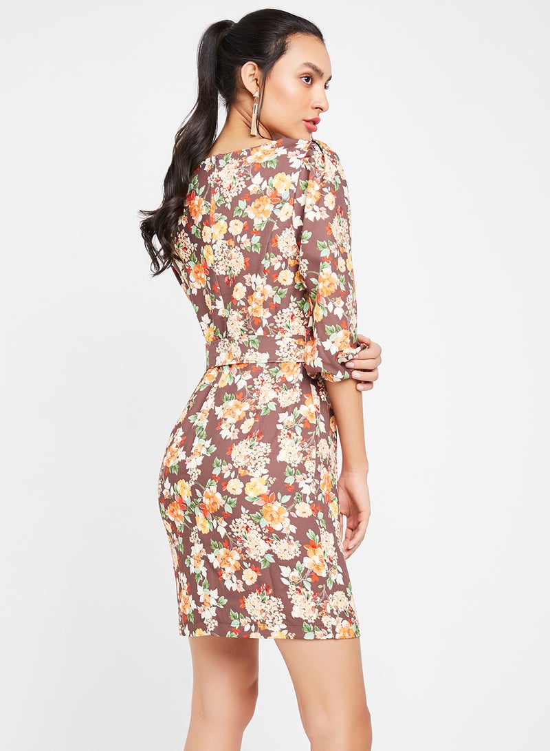 trendyol Floral Pattern Belted Mini Dress Multicolour  - Image 2