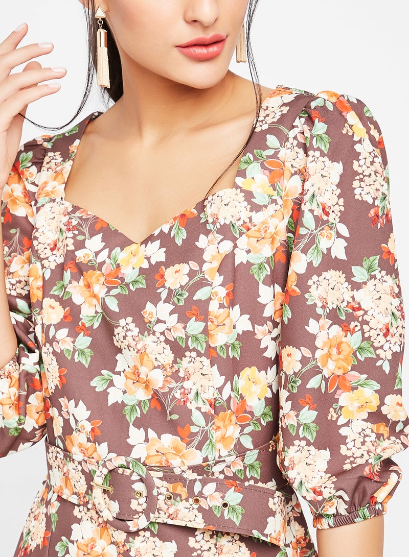 trendyol Floral Pattern Belted Mini Dress Multicolour  - Image 4