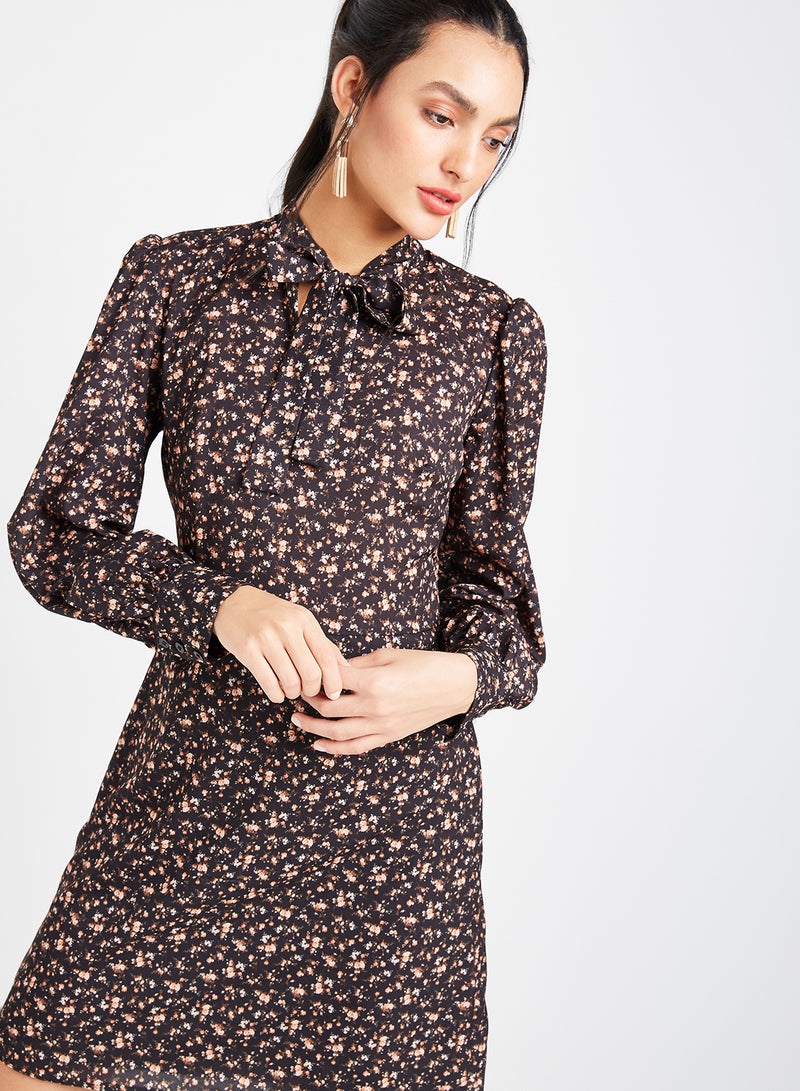trendyol Tie-Up Neck Floral Dress Black  - Image 1