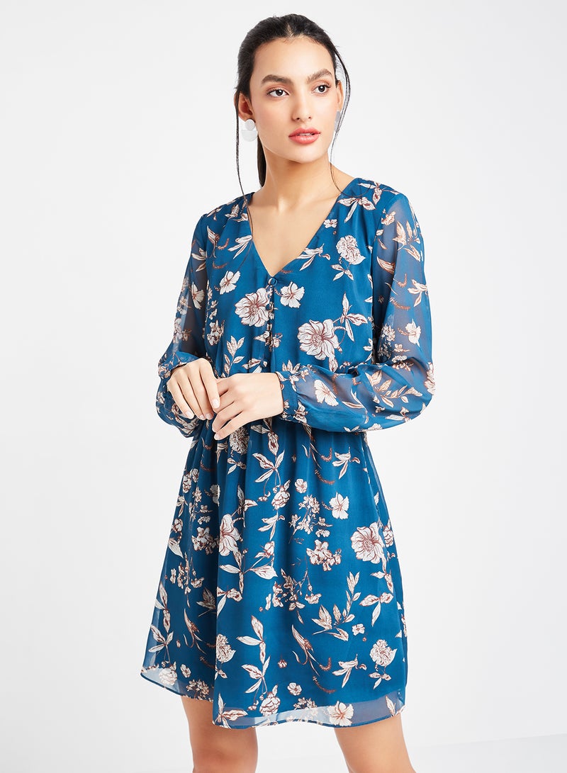 trendyol Floral Long Sleeve Dress Petrol  - Image 1