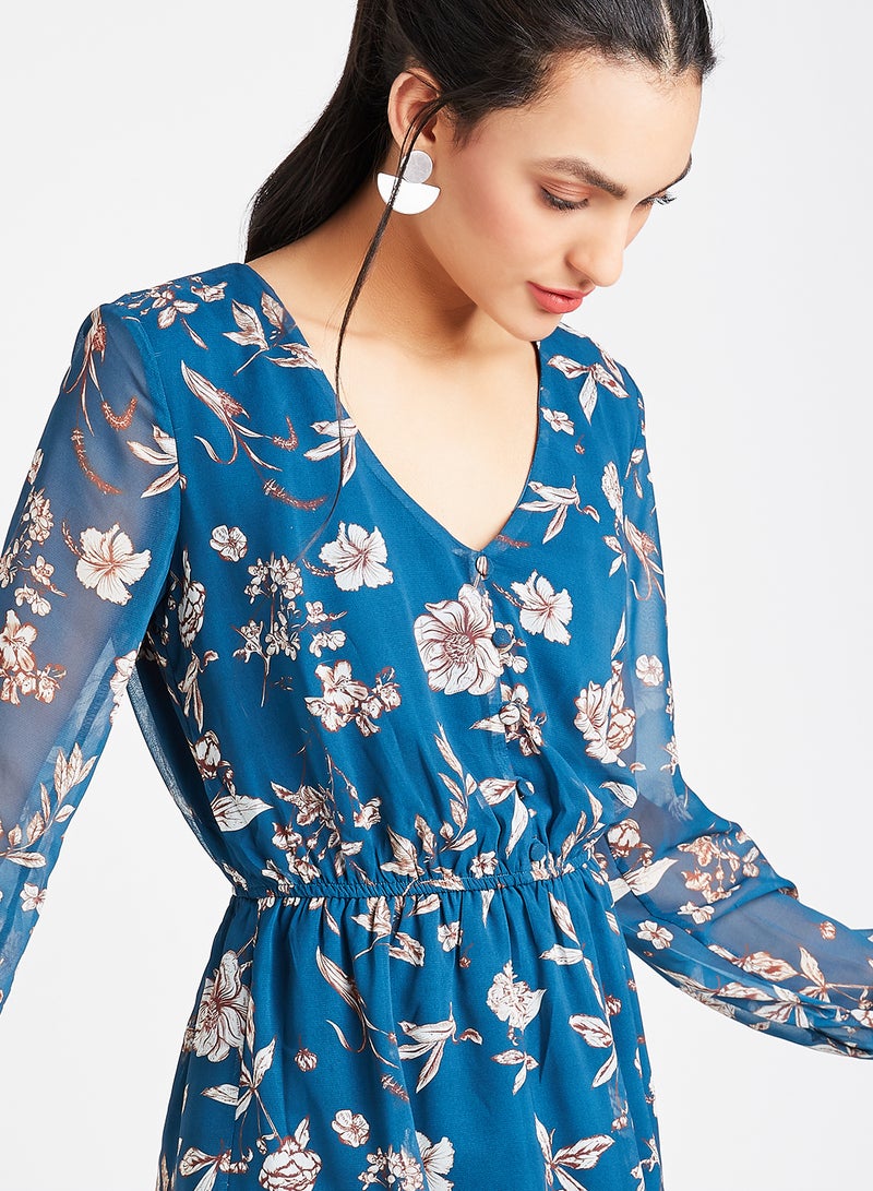 trendyol Floral Long Sleeve Dress Petrol  - Image 4