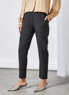 Faux Leather Waistband Pants Black
