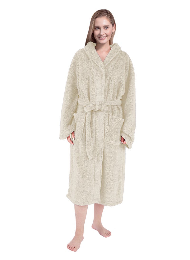 Noon East - Bathrobe - 240 GSM Faux Fur Fleece Ultra Soft, Soft Touch - Shawl Collar & Pocket - Beige Color - 1 Piece Beige - Image 1