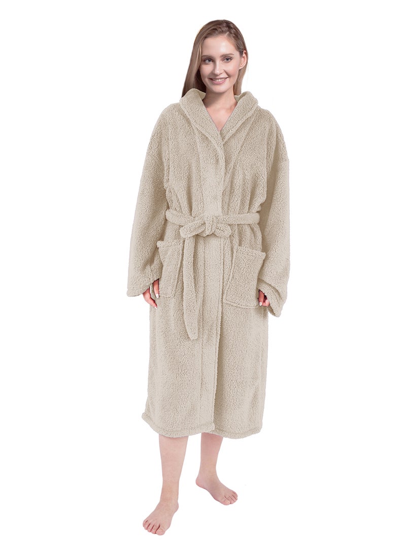 Noon East Bathrobe - 240 GSM Faux Fur Fleece Ultra Soft, Soft Touch - Shawl Collar & Pocket - Taupe Color - 1 Piece Taupe  - Image 4