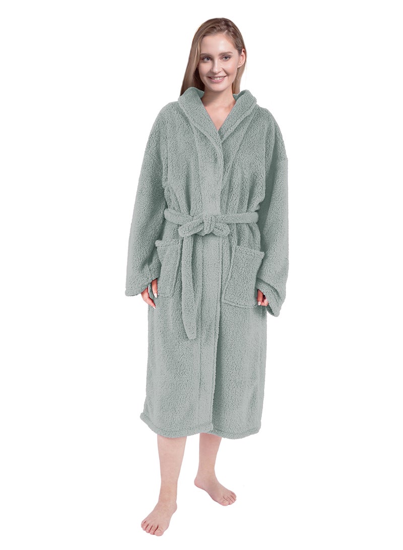 Noon East - Bathrobe - 240 GSM Faux Fur Fleece Ultra Soft, Soft Touch - Shawl Collar & Pocket - Light Grey Color - 1 Piece Light Grey - Image 1