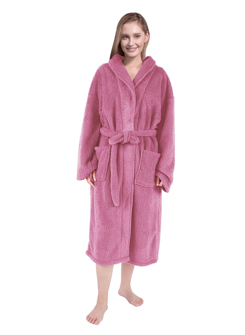 Noon East - Bathrobe - 240 GSM Faux Fur Fleece Ultra Soft, Soft Touch - Shawl Collar & Pocket - Pink Color - 1 Piece Pink - Image 1