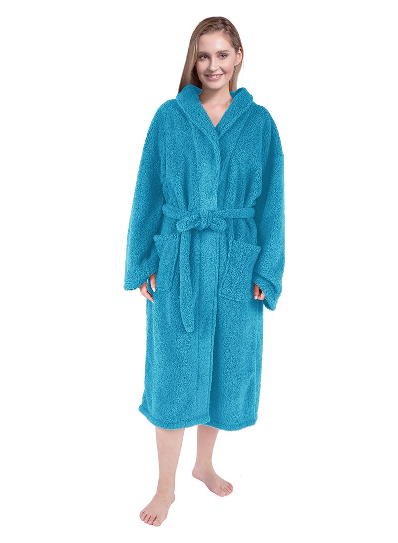 Noon East Bathrobe - 240 GSM Faux Fur Fleece Ultra Soft, Soft Touch - Shawl Collar & Pocket - Blue Color - 1 Piece Blue - Image 4