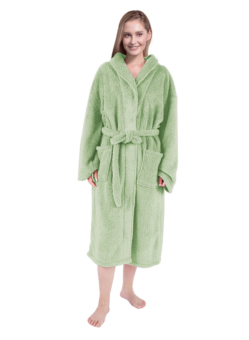 Noon East Bathrobe - 240 GSM Faux Fur Fleece Ultra Soft, Soft Touch - Shawl Collar & Pocket - Mint Green Color - 1 Piece Mint Green  - Image 4