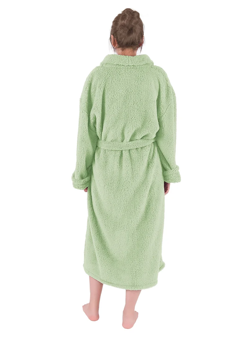 Noon East Bathrobe - 240 GSM Faux Fur Fleece Ultra Soft, Soft Touch - Shawl Collar & Pocket - Mint Green Color - 1 Piece Mint Green