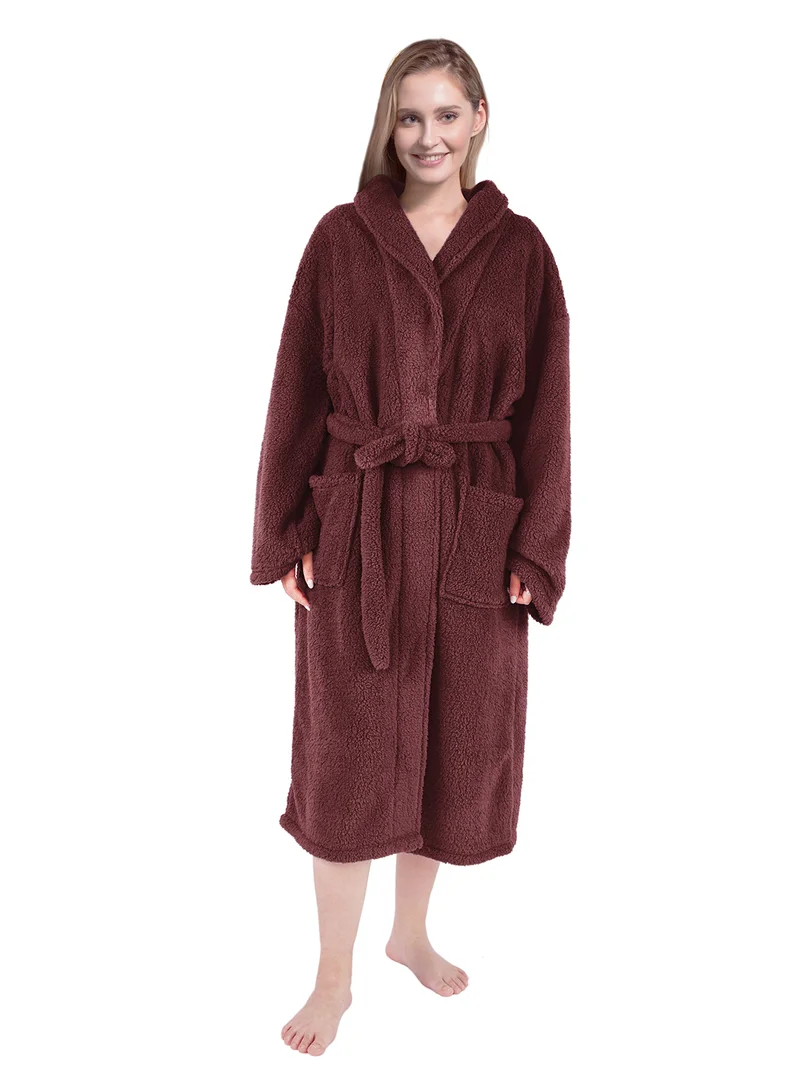 Noon East Bathrobe - 240 GSM Faux Fur Fleece Ultra Soft, Soft Touch - Shawl Collar & Pocket - Wine Red Color - 1 Piece Wine Red