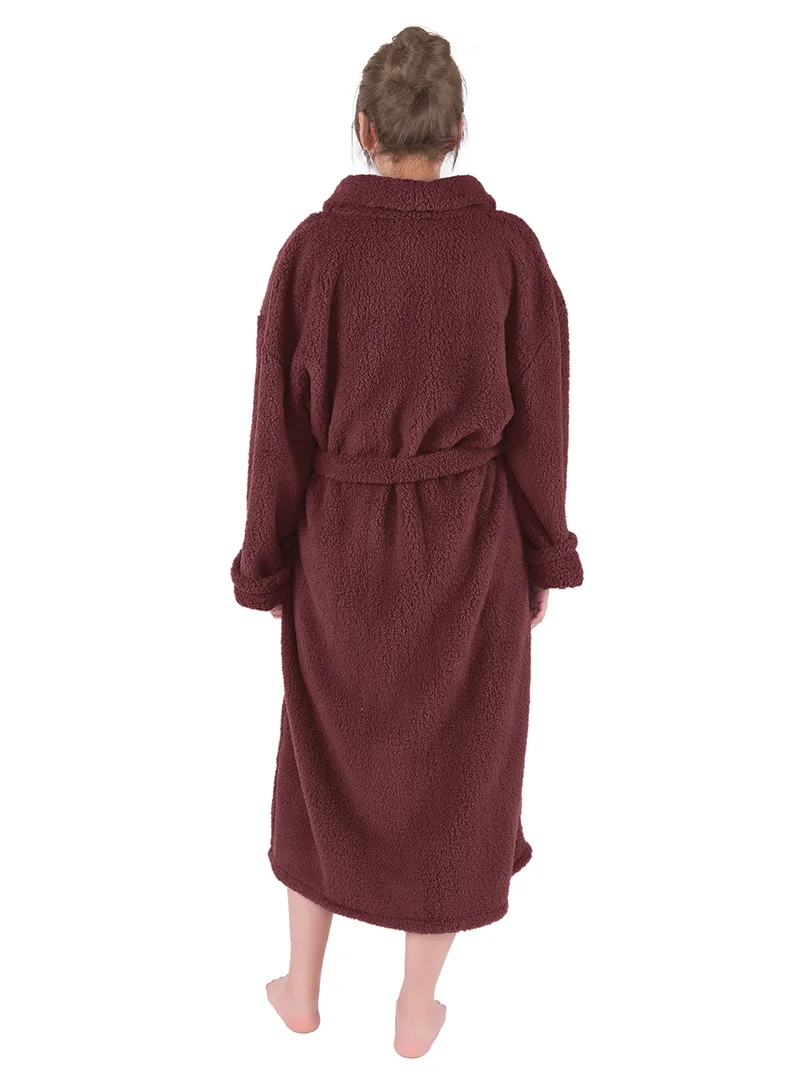 Noon East Bathrobe - 240 GSM Faux Fur Fleece Ultra Soft, Soft Touch - Shawl Collar & Pocket - Wine Red Color - 1 Piece Wine Red