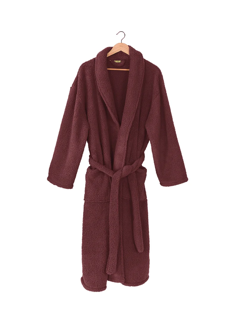 Noon East Bathrobe - 240 GSM Faux Fur Fleece Ultra Soft, Soft Touch - Shawl Collar & Pocket - Wine Red Color - 1 Piece Wine Red