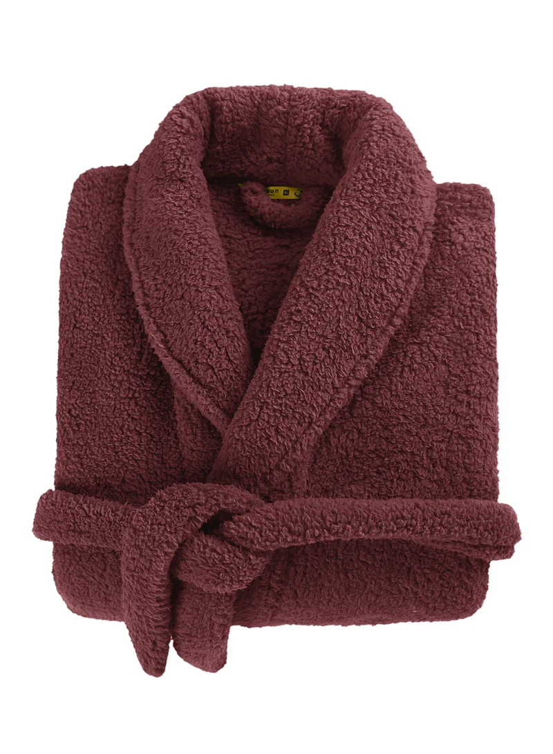 Noon East Bathrobe - 240 GSM Faux Fur Fleece Ultra Soft, Soft Touch - Shawl Collar & Pocket - Wine Red Color - 1 Piece Wine Red