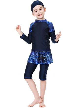 طقم ملابس سباحة للفتيات مزينين بطبعة مكون من 3 قطع أزرقأسود - v1600090103/N40259986V_1