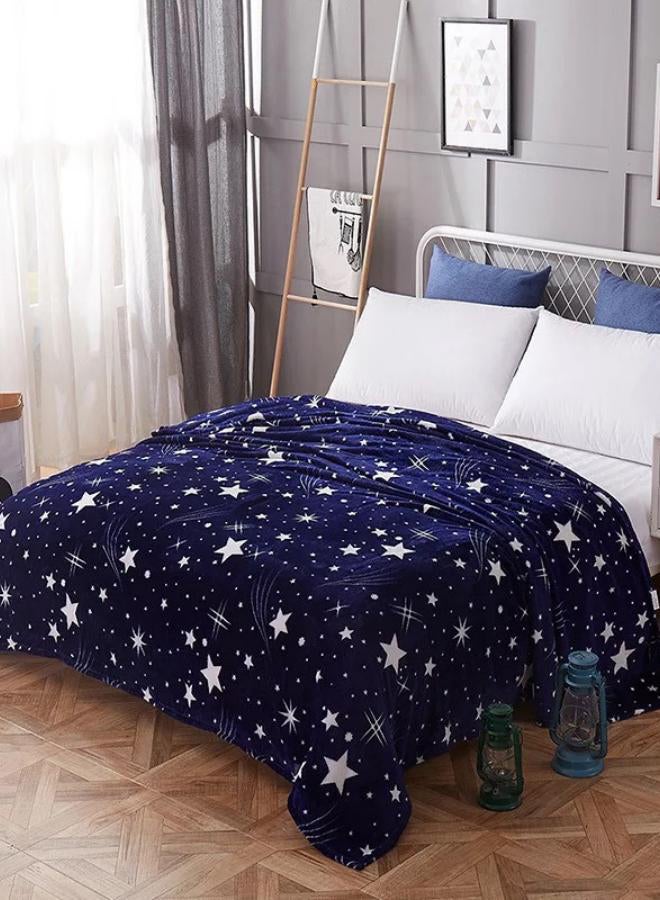 Deals for Less Stars Printed Bed Blanket fleece Blue/White 200x230cm - Image 2