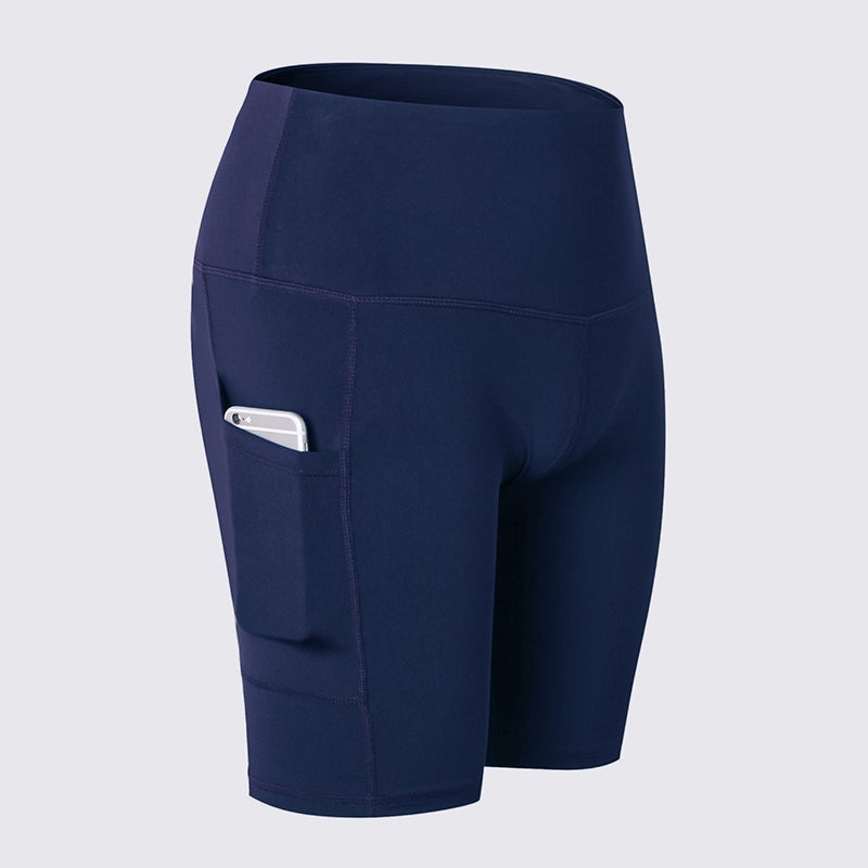High Waist Side Pockets Details Yoga Shorts Dark blue
