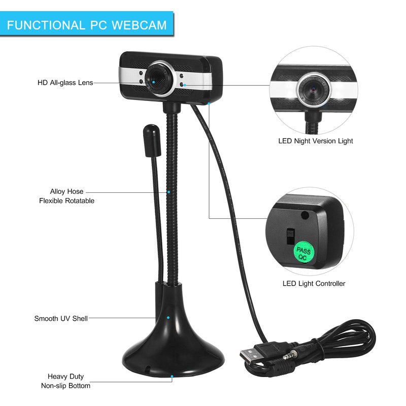 كاميرا ويب عالية الوضوح بمنفذ USB لأجهزة الحاسوب للتوصيل والتشغيل عبر جهاز الكمبيوتر وكاميرا الويب والفيديو والميكروفون مع حامل مرن قابل للدوران أسود - Image 4