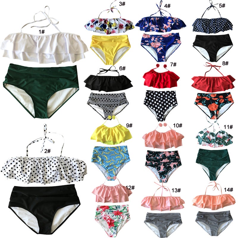 Ruffled High Waist Bikini Set Pink/Green - Image 4