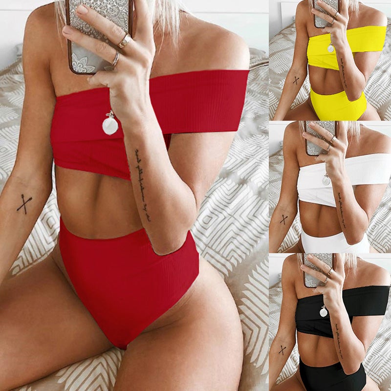 2-Piece Solid Swimwear Swimsuit Red  - Image 4