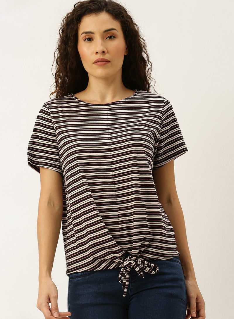 DressBerry Striped Front Knot Top White  - Image 1