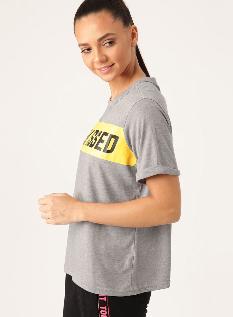DressBerry Contrast Front Text Sporty T-Shirt Grey Melange - Image 1