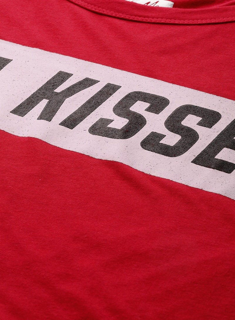 DressBerry - Contrast Front Text Sporty T-Shirt Red - Image 1
