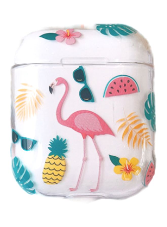 بيوينتي حافظة حماية بطبعة طائر الفلامينجو لسماعة أبل آيربودز 1/2 أبيض/وردي/أخضر - Image 1