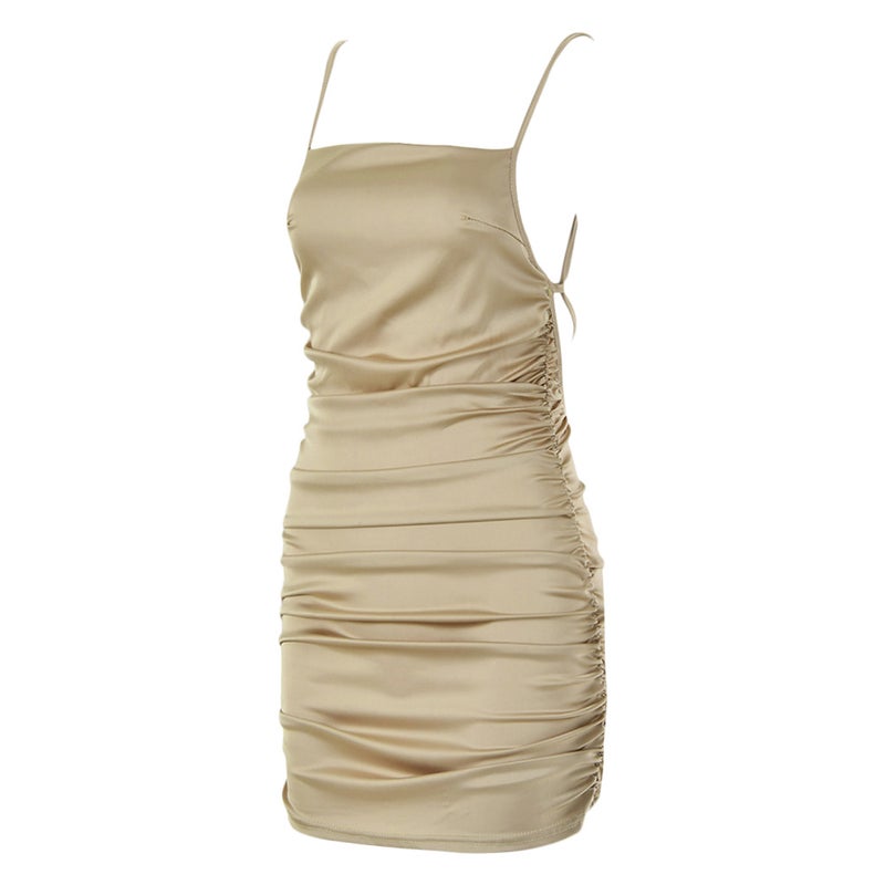 Solid Polyester Mini Dress Khaki - Image 4