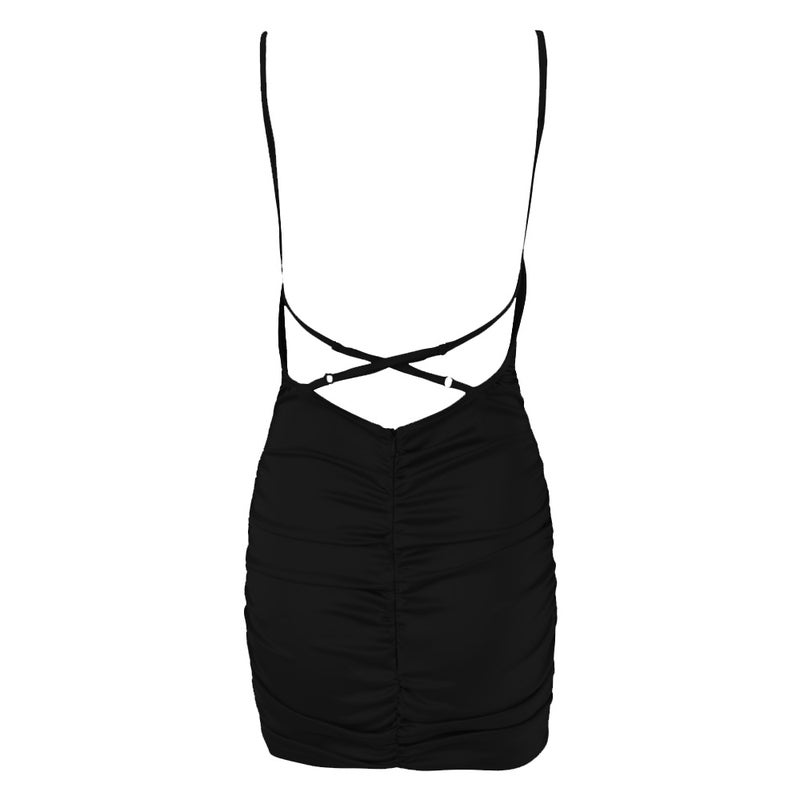 فستان قصير سادة من البوليستر أسود - Image 5