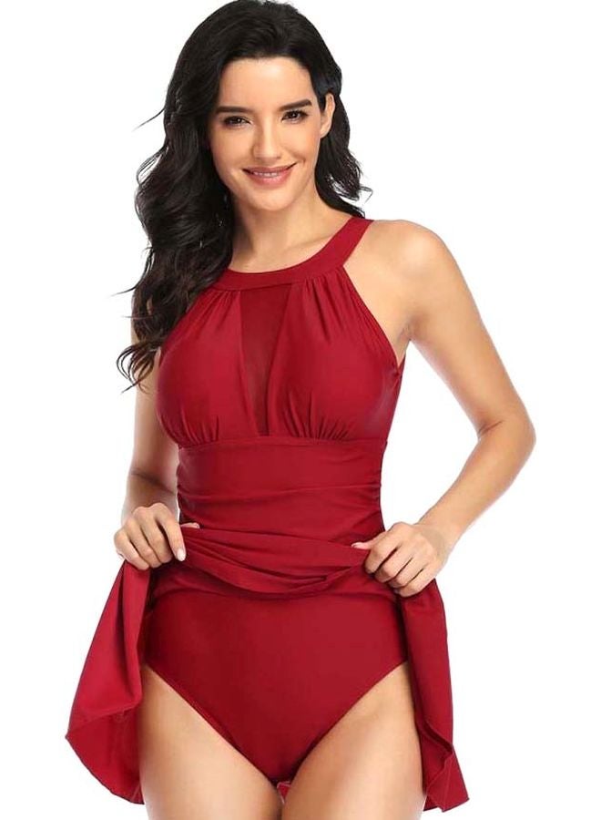 QiaoKai - Tied Up One Piece Swimsuit Red - Image 1
