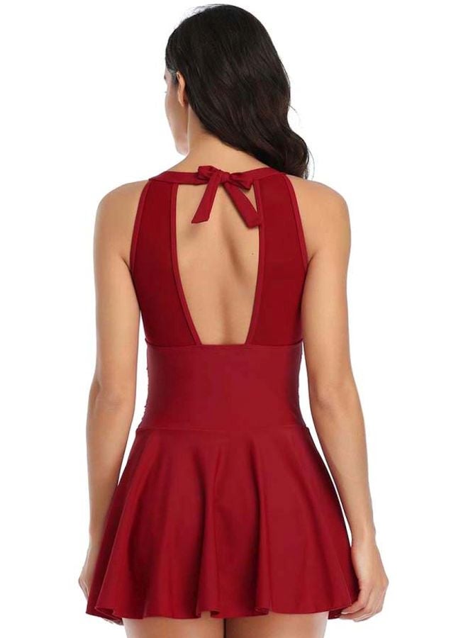 QiaoKai - Tied Up One Piece Swimsuit Red - Image 1