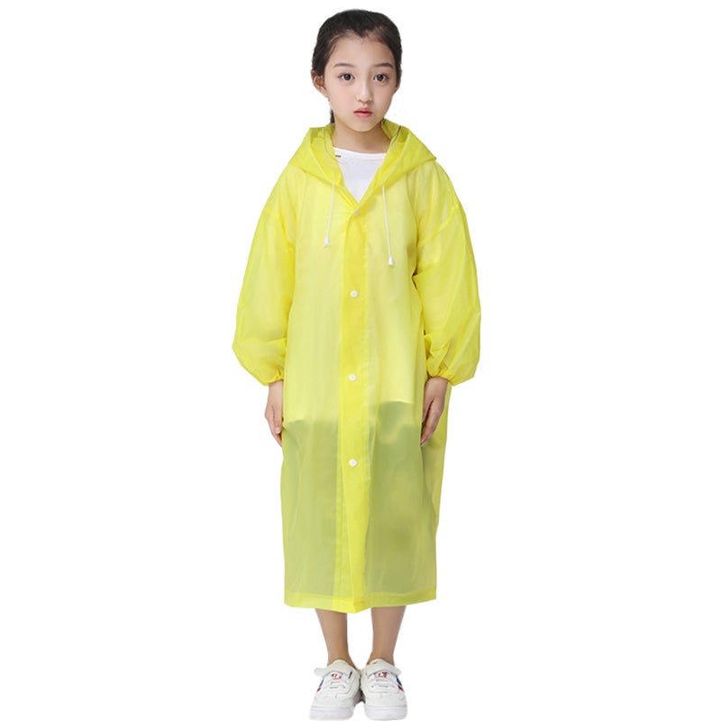 Kids Drawstring Hooded Solid Pattern Raincoat Yellow  - Image 5