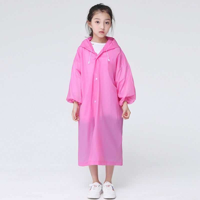 Kids Drawstring Hooded Solid Pattern Raincoat Pink  - Image 4