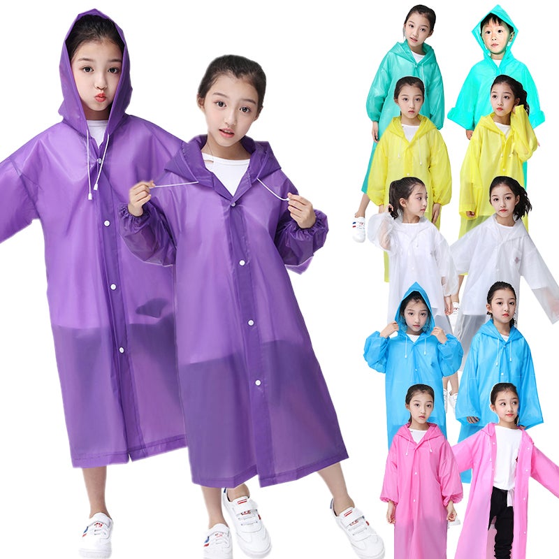 Kids Drawstring Hooded Solid Pattern Raincoat Pink - Image 5
