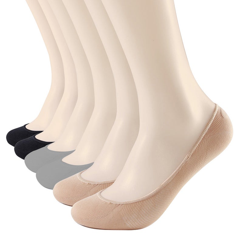 6 Pair Of Solid No Show Socks Black/Grey/Beige - Image 4