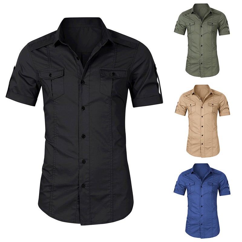 Solid Turn-Down Collar Short Sleeve Shirt Beige - Image 5
