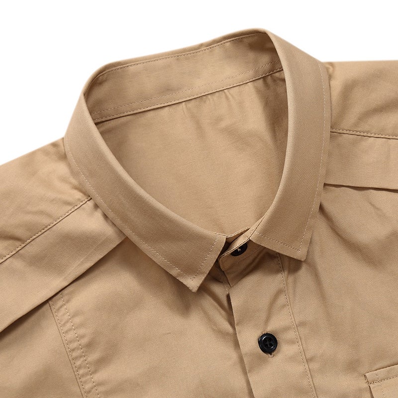 Solid Turn-Down Collar Short Sleeve Shirt Beige - Image 4