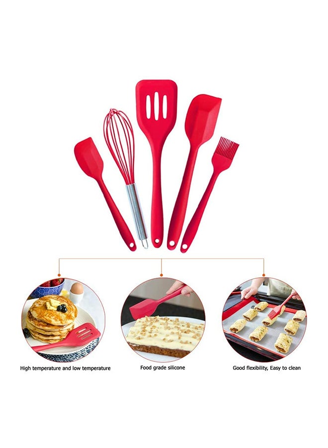 طقم ملاعق طهي مقاومة للحرارة من السيليكون مكون من 5 قطع أحمر - Image 2